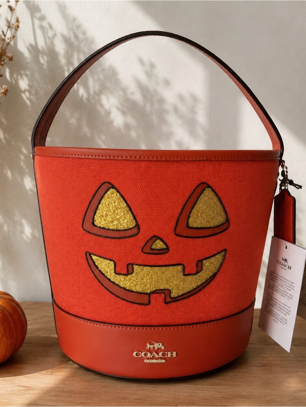 Coach Orange Bucket Shoulder Bag with Gold Jack-O'-Lantern Face - Picture 2 of 4